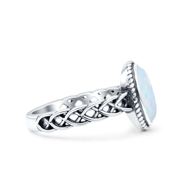 Weave Celtic Vintage Style Lab Opal Ring Solid Oval Oxidized Lab Created White Opal 925 Sterling Silver